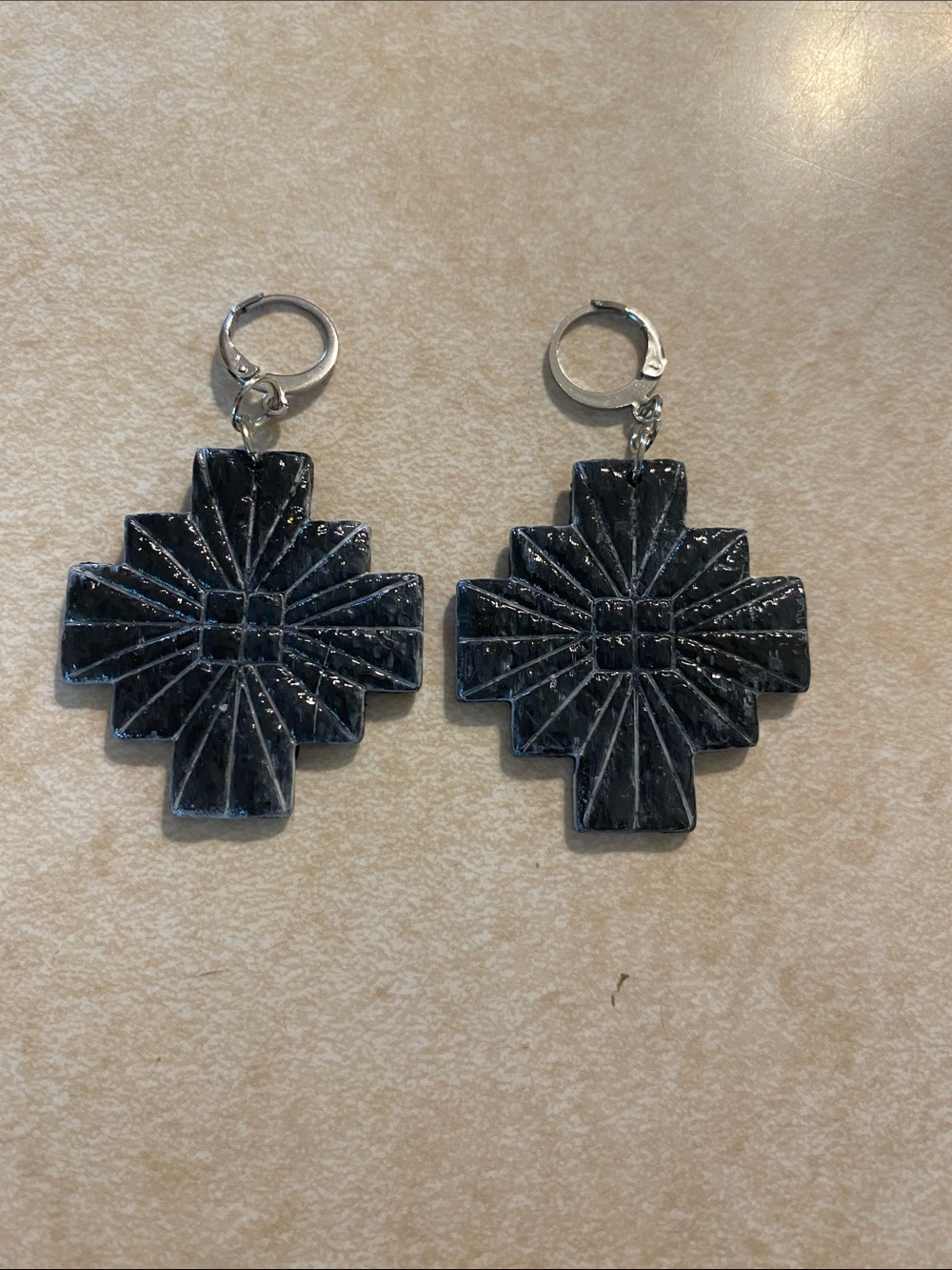 Hand Crafted Black Textured Geometric Cross Drop Earrings